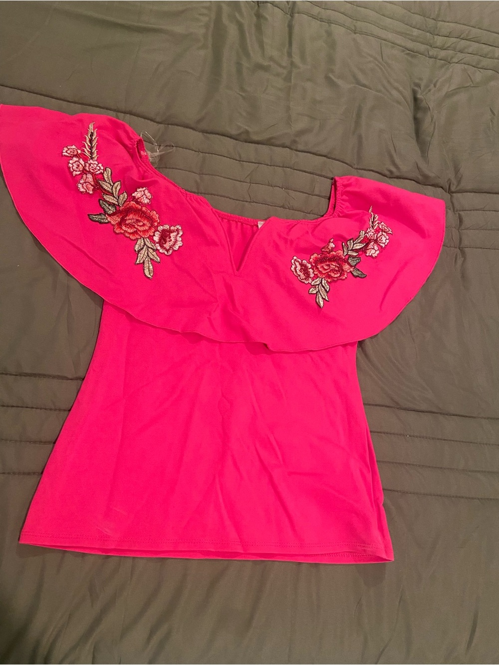 Bright Pink Off-Shoulder Floral Embroidered Women's Top